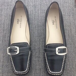 Anne Klein iflex Black Leather Loafers with Silver Buckle